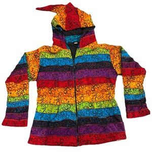 Unique Patchwork Rainbow Bubble Fleece Lined Elf Hooded Hippie Boho Warm Jacket